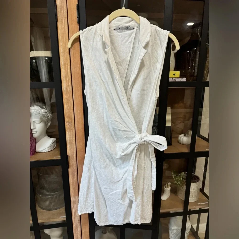 Zara linen romper tie front collar vneck wrap jumpsuit skort lapel vneck dress